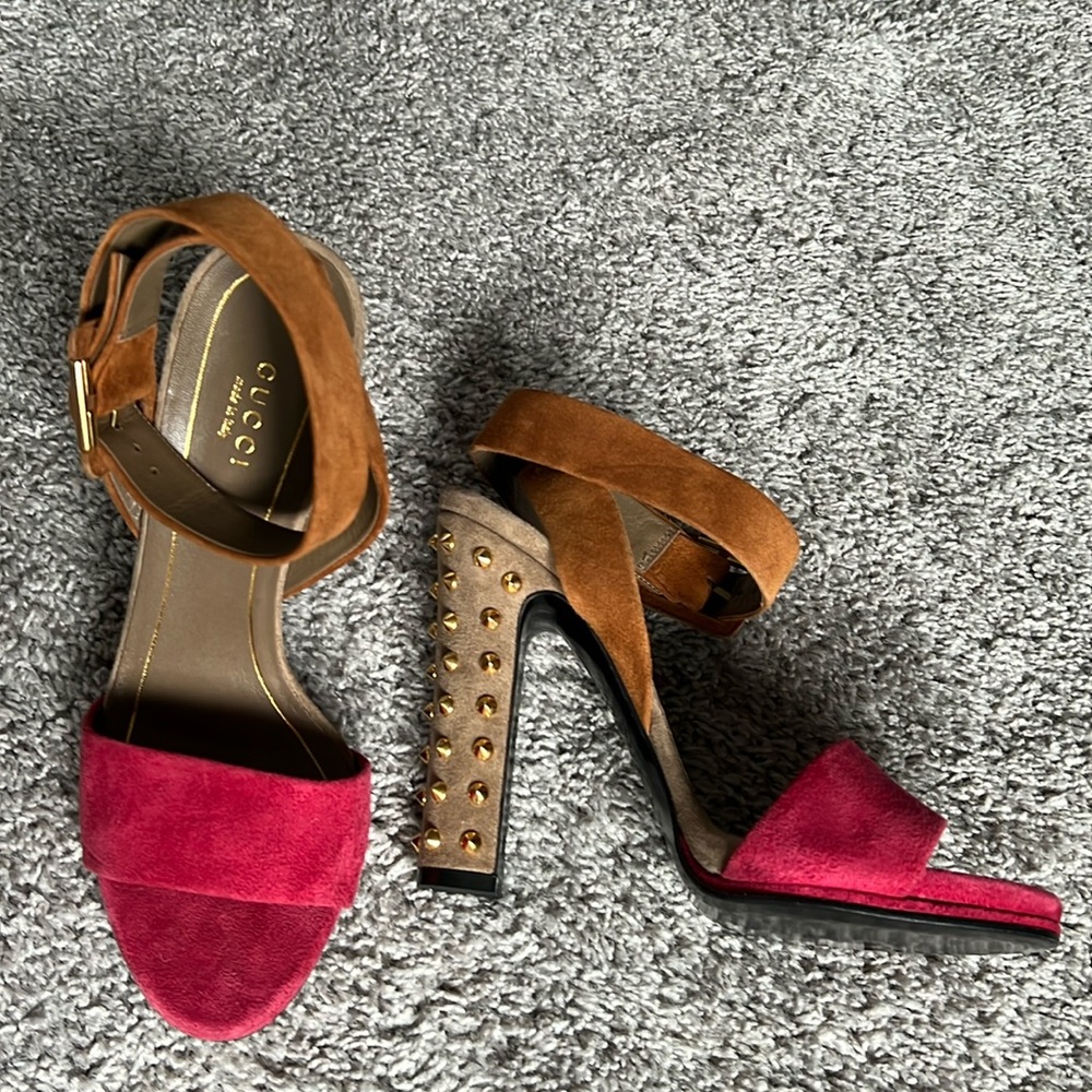 Gucci Two Tone Suede Madison Studded Heel Sandals